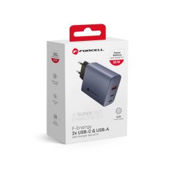   Forcell hálózati  GAN gyorstöltő, 2x USB C + USB A - 4A 65W PD + Quick Charge 4.0 funkc