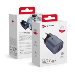   Forcell hálózati GAN gyorstöltő, USB C + USB A - 3A 33w PD + Quick Charge 4.0 funkcióval, kék