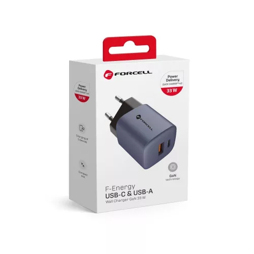 Forcell hálózati GAN gyorstöltő, USB C + USB A - 3A 33w PD + Quick Charge 4.0 funkcióval, kék