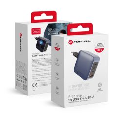   Forcell hálózati GAN gyorstöltő, USB C + USB A - 4A 100W PD + Quick Charge 4.0 funkcióval, kék