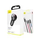 Baseus autós töltő digitális kijelzővel, 2xUSB csatlakozóval + 3-in-1 töltő kábellel 1.2m, 24W 4.8A, fekete (TZCCBX-0G)