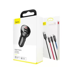   Baseus autós töltő digitális kijelzővel, 2xUSB csatlakozóval + 3-in-1 töltő kábellel 1.2m, 24W 4.8A, fekete (TZCCBX-0G)