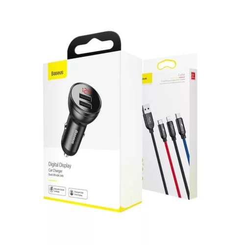 Baseus autós töltő digitális kijelzővel, 2xUSB csatlakozóval + 3-in-1 töltő kábellel 1.2m, 24W 4.8A, fekete (TZCCBX-0G)