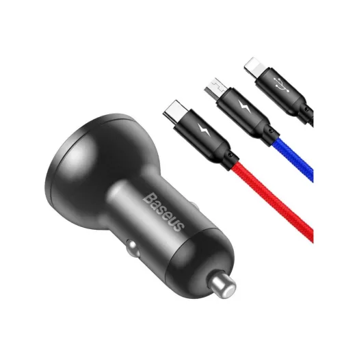 Baseus autós töltő digitális kijelzővel, 2xUSB csatlakozóval + 3-in-1 töltő kábellel 1.2m, 24W 4.8A, fekete (TZCCBX-0G)