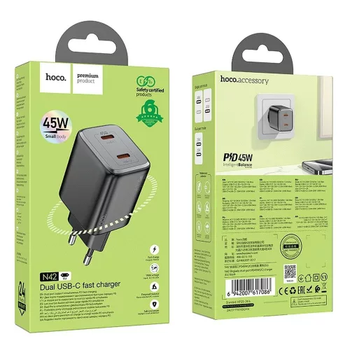 HOCO charger 2 x Type C PD QC 45W GaN fekete