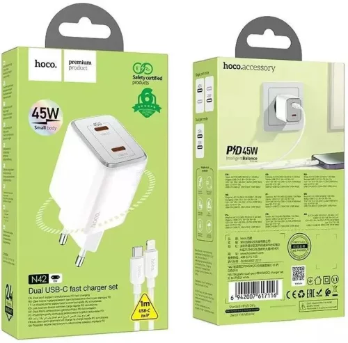 HOCO charger 2 x Type C PD QC 45W GaN fehér