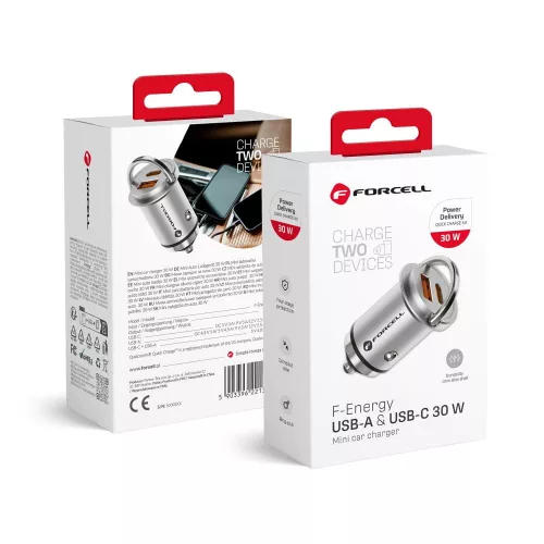 FORCELL F-ENERGY Mini autós töltő C típusú + USB A PD QC3.0 5A 30W ezüst