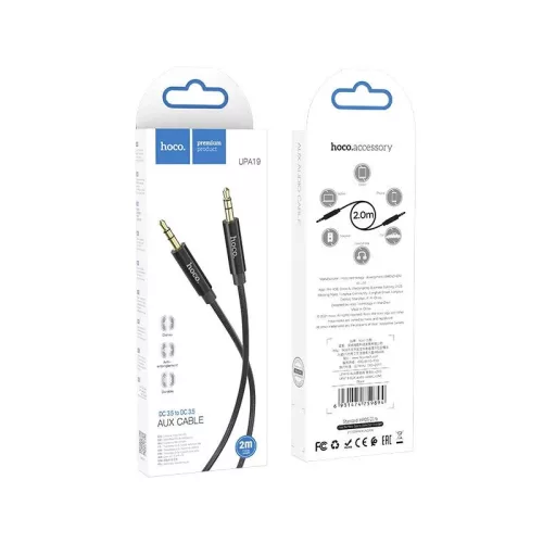 Jack-jack (3.5mm) audio kábel, szövettel bevont, fekete, 2m, Hoco UPA19