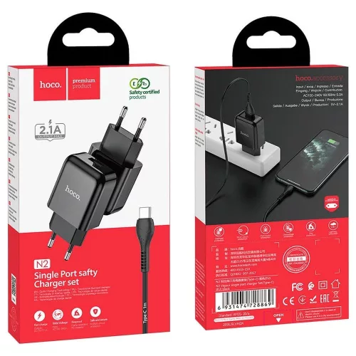 Telefontöltő Hoco USB A 2A 10W + kábel USB A - USB C N2 fekete