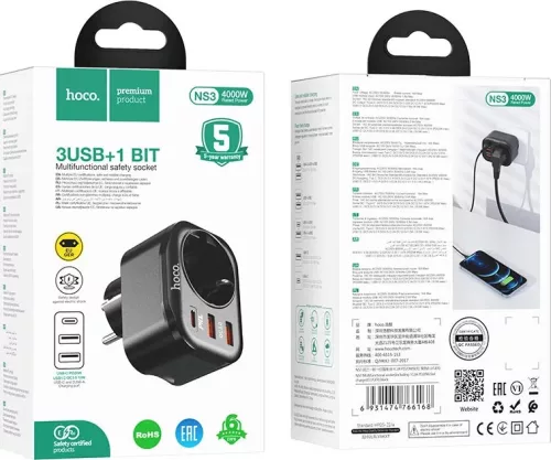 Hoco ns3 töltőfej 2x USBA 1x USBC 1x220v 400W fekete 