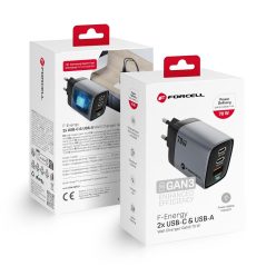   FORCELL F-ENERGY GaN III VT-37 travel charger with display LCD 2 x Type C + USB A PD QC4.0 SAM SFC2.0 3,45A 70W gray