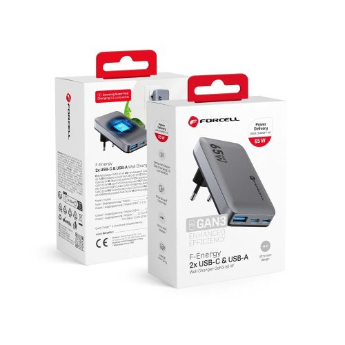 FORCELL F-ENERGY GaN III VT-47 Ultra Slim travel charger 2 x Type C + USB A PD QC4.0 4A 65W gray