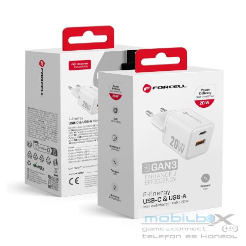 FORCELL F-ENERGY Mini GaN III VT-35A travel charger with 1 x Type C + 1x USB A sockets, PD QC4.0 20W white