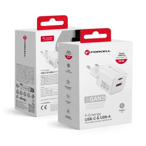 FORCELL F-ENERGY Mini GaN III VT-35A travel charger with 1 x Type C + 1x USB A sockets, PD QC4.0 20W white