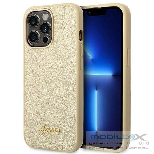 GUESS case for IPHONE 14 Pro Max GUHCP14XHGGSHD (Glitter Flakes Script Metal Logo) gold