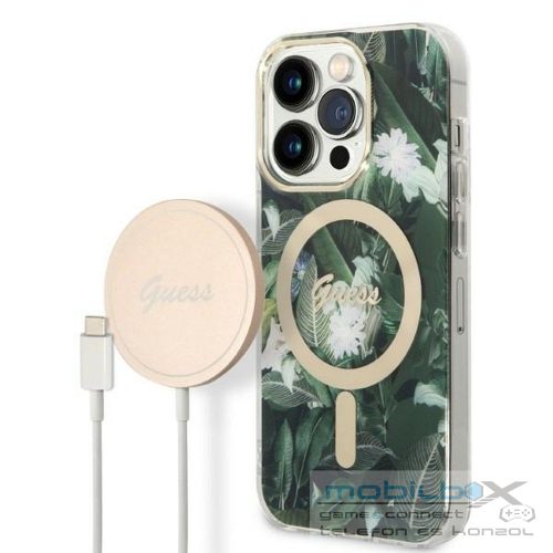GUESS set for IPHONE 14 Pro Max compatible with MagSafe GUBPP14XHJEACSA (Bundle Pack / Case + Charger / IMG Jungle) gold kaki