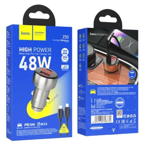 Hoco autós töltő Z50 48W USB A USB C - Type C - lightning kábel 1m