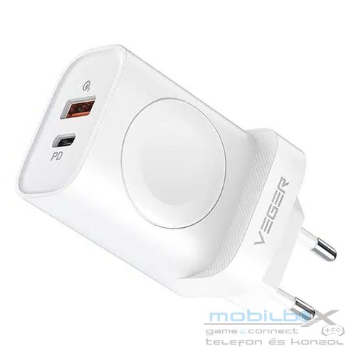 VEGER travel charger USB A + Type C + wireless charger compatible with Apple Watch PD QC3.0 3A 25W W002E white
