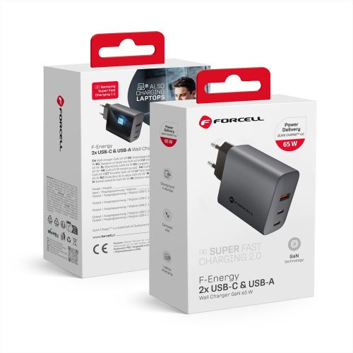 FORCELL F-ENERGY GaN VT-42B travel charger 2 x Type C + USB A PD QC4.0 4A 65W gray