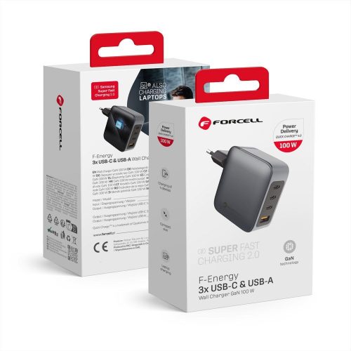 FORCELL F-ENERGY GaN VT-46 travel charger 3 x Type C + USB A PD QC4.0 5A 100W with PD gray