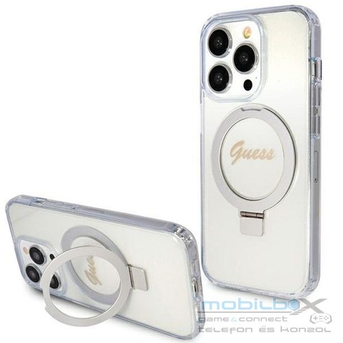 GUESS case for IPHONE 15 Pro compatible with MagSafe GUHMP15LHRSGSD (Glitter Script Logo Ring stand) transparent