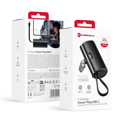 FORCELL F-ENERGY Power Plug F5K3 powerbank with built-in connector Type C PD 20W 5000 mAh black