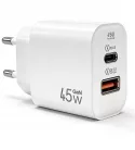 Hálózati töltő adapter, 45W, USB aljzat, USB Type-C aljzat, gyorstöltés, PD