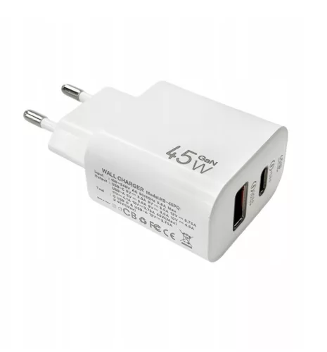 Hálózati töltő adapter, 45W, USB aljzat, USB Type-C aljzat, gyorstöltés, PD