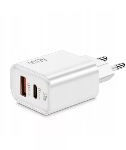 Hálózati töltő adapter, 45W, USB aljzat, USB Type-C aljzat, gyorstöltés, PD