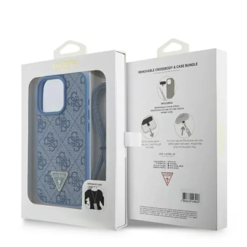 iPhone 16 Pro Kék Eredeti GUESS bőrtok fém logós strasszköves crossbody GUHCP16LP4TDSCPB