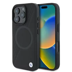   iPhone 16 Pro Fekete BMW Eredeti Tok kemény tok Signature Bőr Fél Textúrált & Kör MagSafe BMHMP16L23RTPK