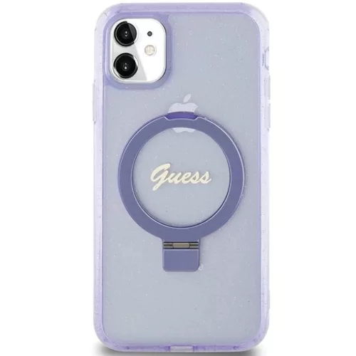 Guess Ring Állvány Script Glitter MagSafe tok iPhone 11 - lila