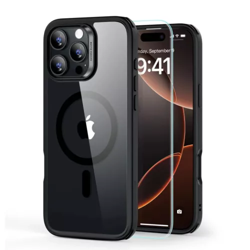 iPhone 16 Pro átlátszó/fekete ESR Classic Hybrid HaloLock MagSafe & Tempered Glass tok