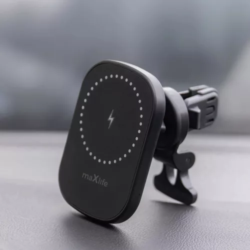 Maxlife MXCH-16 mágneses autós tartó 15W vezeték nélküli töltéssel szellőzőrácsra, fekete Magsafe