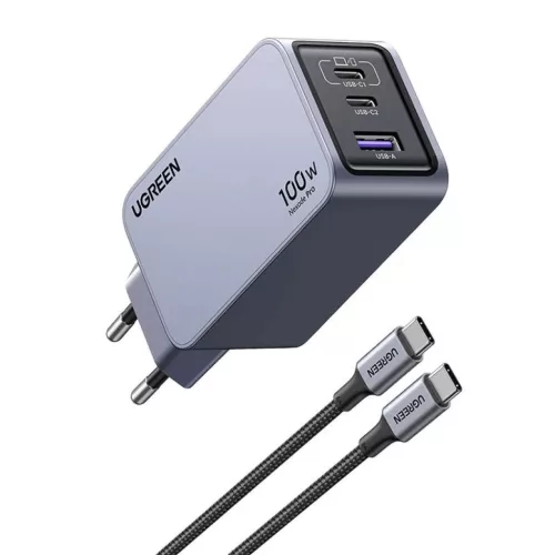 Ugreen Nexode Pro 100W hálózati töltő, GaN, USB + 2x USB-C (szürke)