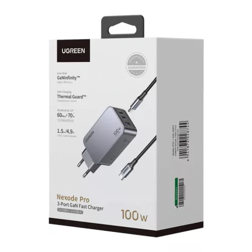 Ugreen Nexode Pro 100W hálózati töltő, GaN, USB + 2x USB-C (szürke)