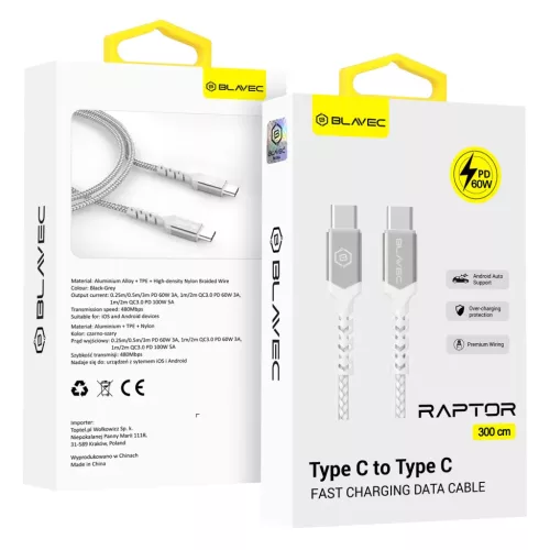 Blavec Cable Raptor fonott - Type C to Type C - PD 60W 3A 3 méter (CRA-CC3WS30) fehér-ezüst