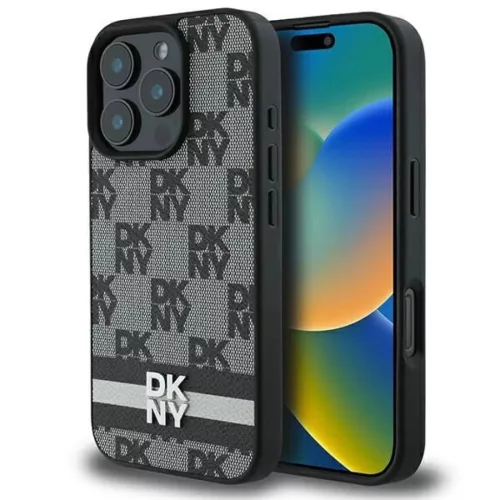 iPhone 16 Pro fekete DKNY Kockás Minta és Nyomtatott Csíkok tok