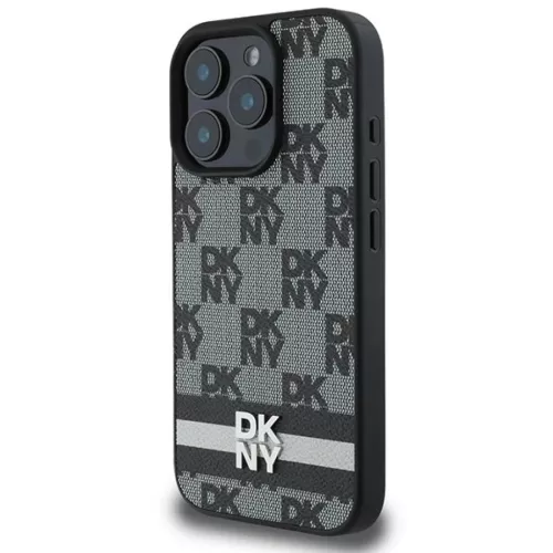 iPhone 16 Pro fekete DKNY Kockás Minta és Nyomtatott Csíkok tok