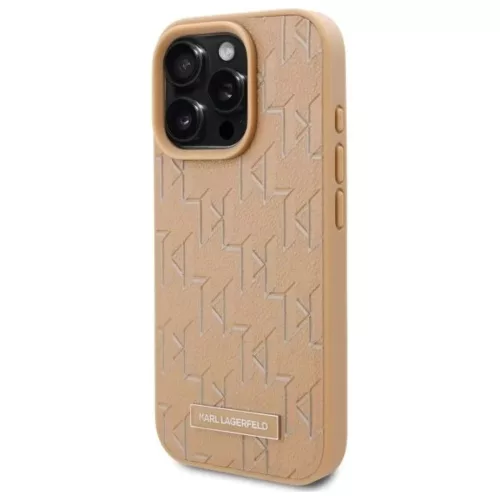 iPhone 16 Pro Bézs Karl Lagerfeld Bőr Monogram Fém Logo MagSafe tok