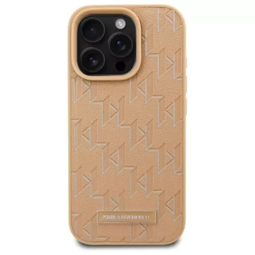 iPhone 16 Pro Bézs Karl Lagerfeld Bőr Monogram Fém Logo MagSafe tok