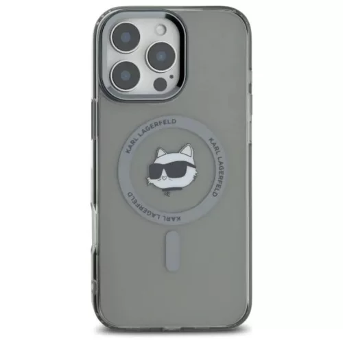 iPhone 16 Pro Fekete Karl Lagerfeld IML Fém Choupette Fej MagSafe tok