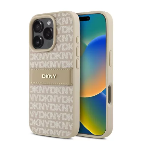 iPhone 16 Pro Rózsaszín DKNY PU bőr ismétlődő minta tónusú csík tok