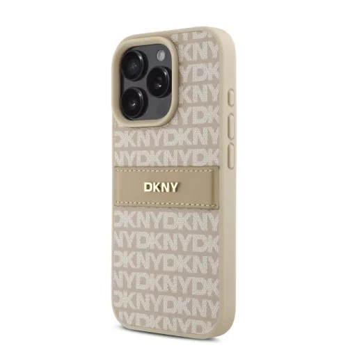 iPhone 16 Pro Rózsaszín DKNY PU bőr ismétlődő minta tónusú csík tok