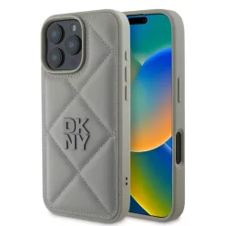 iPhone 16 Pro szürke DKNY PU bőr steppelt logós tok