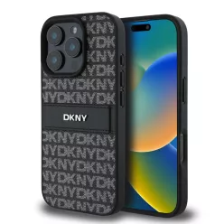   iPhone 16 Pro Fekete DKNY PU Bőr Ismétlődő Minta Tonális Csík Tok