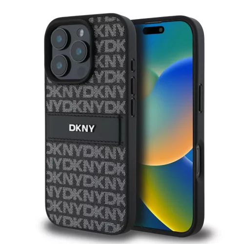 iPhone 16 Pro Fekete DKNY PU Bőr Ismétlődő Minta Tonális Csík Tok
