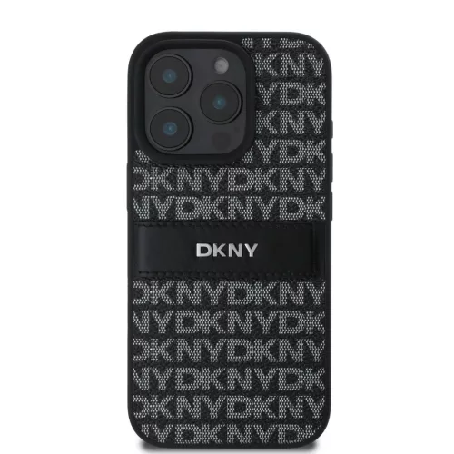 iPhone 16 Pro Fekete DKNY PU Bőr Ismétlődő Minta Tonális Csík Tok