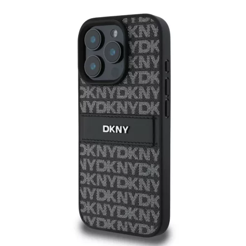 iPhone 16 Pro Fekete DKNY PU Bőr Ismétlődő Minta Tonális Csík Tok