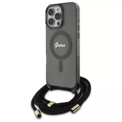 Apple iPhone 16 Pro 6.3" Fekete/Fekete Guess GUHMP16LHCTSGNSK Keménytok Crossbody Kötél Script MagSafe tok